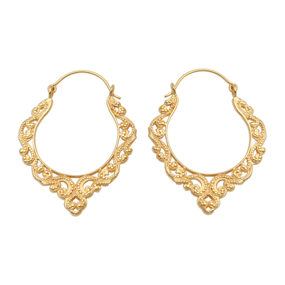 Gold plated hoop earrings, 'Ornate Waves' - Elegant Gold Plated Hoop Earrings
