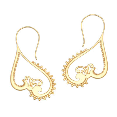 Gold plated drop earrings, 'Keramas Waves' - Curvy Gold Plated Brass Drop Earrings