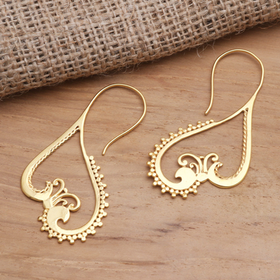 Gold plated drop earrings, 'Keramas Waves' - Curvy Gold Plated Brass Drop Earrings