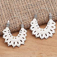 Bone and sterling silver hoop earrings, 'Semarapura Lace' - Artisan Crafted Lacy Bone and Sterling Silver Hoop Earrings