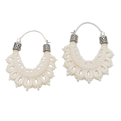 Artisan Crafted Lacy Bone and Sterling Silver Hoop Earrings