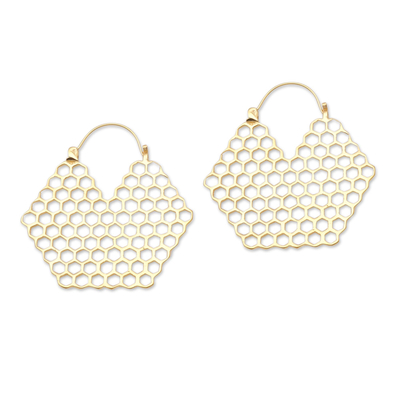 Gold plated hoop earrings, 'Honey Bee Mine' - Gold Plated Brass Hoop Earrings with Beehive Motif