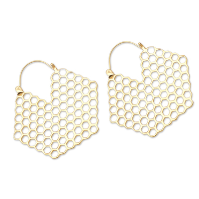 Gold plated hoop earrings, 'Honey Bee Mine' - Gold Plated Brass Hoop Earrings with Beehive Motif