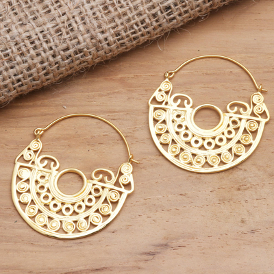 Gold plated brass hoop earrings, 'Observe Happiness' - Gold Plated Hoop Earrings