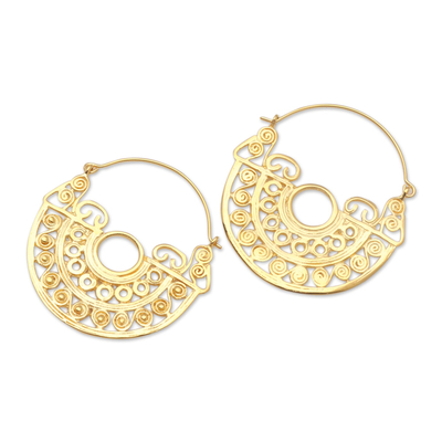 Gold plated brass hoop earrings, 'Observe Happiness' - Gold Plated Hoop Earrings