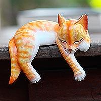 Wood statuette, 'Napping Cat' - Wood Sleeping Cat Statuette Orange Tabby