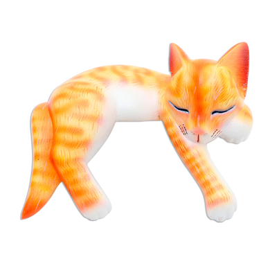 Holzstatuette - Schlafende Katzenstatuette aus Holz orange getigert
