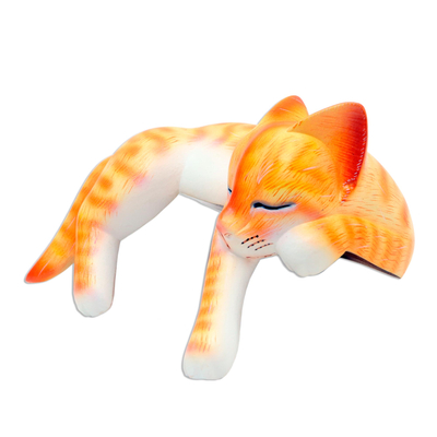 Wood statuette, 'Napping Cat' - Wood Sleeping Cat Statuette Orange Tabby