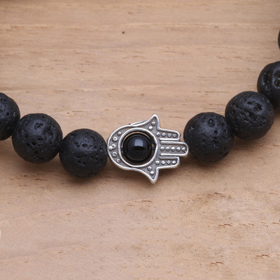 Onyx and lava stone beaded stretch bracelet, 'Hamsa Hand in Black' - Hamsa Hand Lava Stone Stretch Bracelet with Onyx