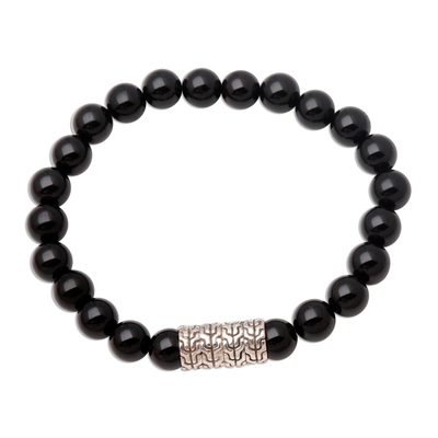 Black Onyx Stretch Bracelet with Sterling Pendant