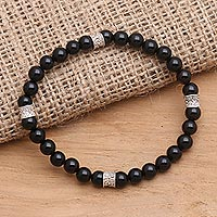 Onyx and sterling silver beaded stretch bracelet, 'Close Quarters in Black' - Beaded Stretch Bracelet with Onyx and Sterling Silver