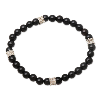 Beaded Stretch Bracelet with Onyx and Sterling Silver