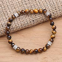 Tiger's eye and sterling silver beaded stretch bracelet, 'Close Quarters in Brown' - Stretch Tiger's Eye Bracelet with Sterling Silver Accents