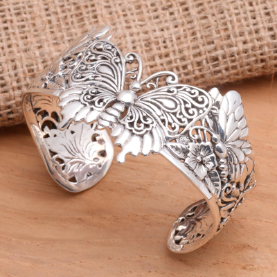 Avalaya Large Black Ceramic 'Butterfly' Cuff Bracelet in Silver Plating 