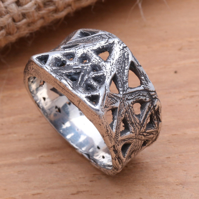 Men's sterling silver ring, 'Ancient Symbol' - Textured and Oxidized Men's Sterling Silver Ring