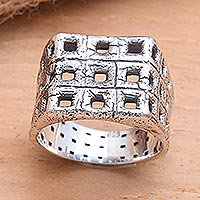 Men's sterling silver ring, 'Ancient Windows' - Textured Square Motif Men's Sterling Silver Ring