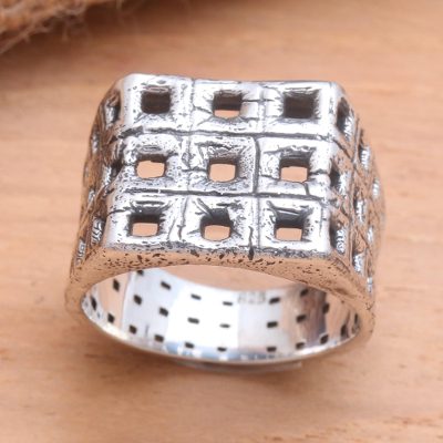 Men's sterling silver ring, 'Ancient Windows' - Textured Square Motif Men's Sterling Silver Ring