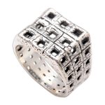 Men's sterling silver ring, 'Ancient Windows' - Textured Square Motif Men's Sterling Silver Ring