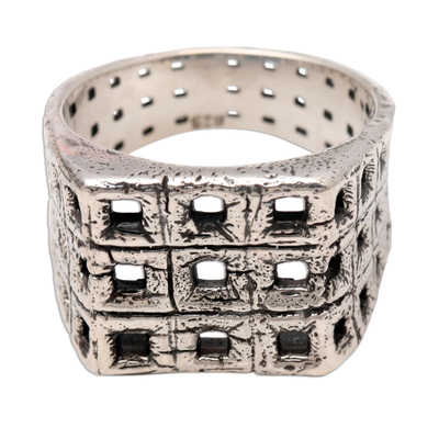 Men's sterling silver ring, 'Ancient Windows' - Textured Square Motif Men's Sterling Silver Ring