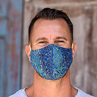 Rayon batik face masks, 'Balinese Ocean' (extra wide, pair) - 1 Green / 1 Blue Extra Wide 2 Layer Rayon Batik Face Masks