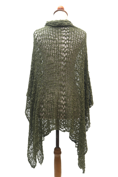 Knit poncho, 'Green Shade' - Lightweight Hand Knit Poncho in Olive from Bali