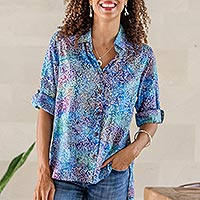 Button front rayon blouse, 'Pastel Seascape' - Roll-Tab Sleeve Button Front Batik Rayon Blouse