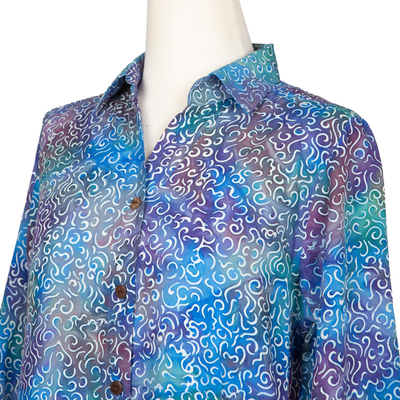 Roll-Tab Sleeve Button Front Batik Rayon Blouse - Pastel Seascape | NOVICA