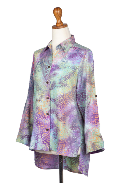 Button front rayon blouse, 'Rainbow Bubbles' - Roll-Tab Sleeve Button Front Batik Rayon Blouse