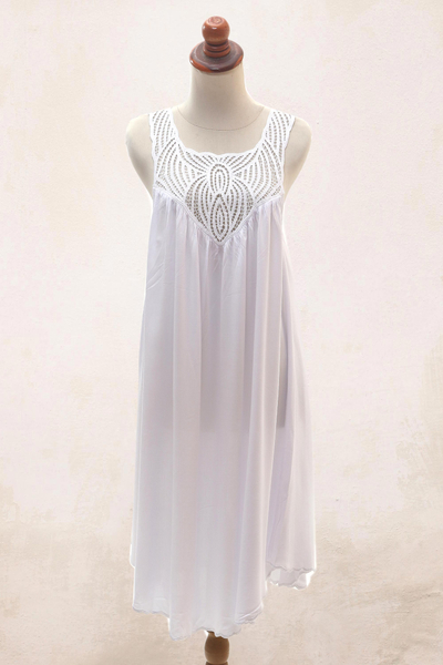 Embroidered cotton dress, 'Drifting Clouds in White' - Hand Embroidered White Cotton Dress