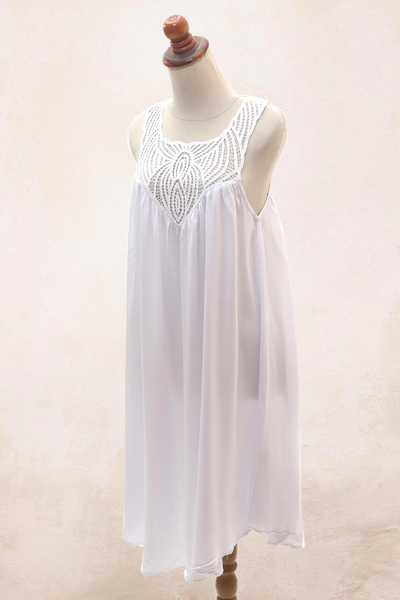 Embroidered cotton dress, 'Drifting Clouds in White' - Hand Embroidered White Cotton Dress