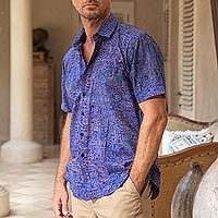 Camisa de algodón batik para hombre, 'Long Walk' - Camisa de algodón batik azul y marrón para hombre