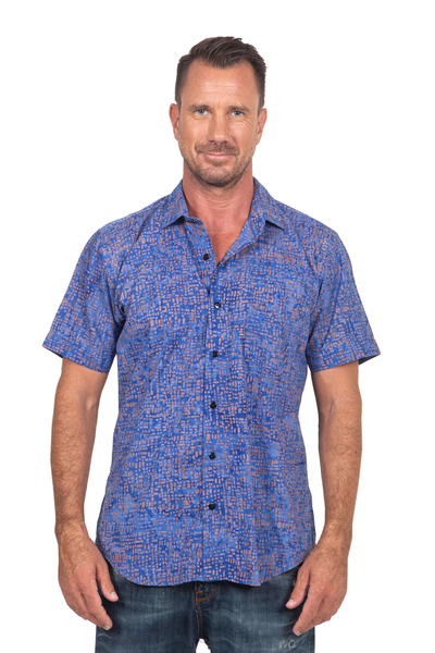 Men's Batik Blue and Brown Cotton Shirt - Long Walk | NOVICA