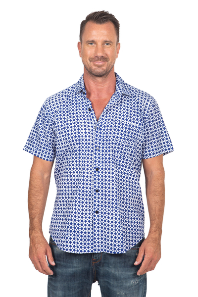 Men's hand-stamped cotton shirt, 'Blue Kites' - Men's Hand-Stamped Blue and White Cotton Shirt