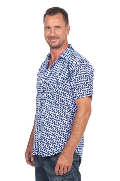 Camisa de hombre de algodón estampada a mano - Camisa de hombre estampada a mano en algodón azul y blanco