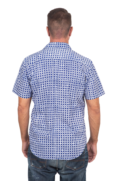Camisa de hombre de algodón estampada a mano - Camisa de hombre estampada a mano en algodón azul y blanco