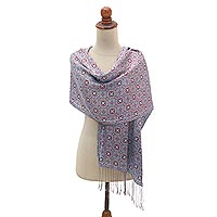 Silk batik scarf, 'Aster Blue' - Light Blue and Crimson Batik Silk Scarf with Gift Box