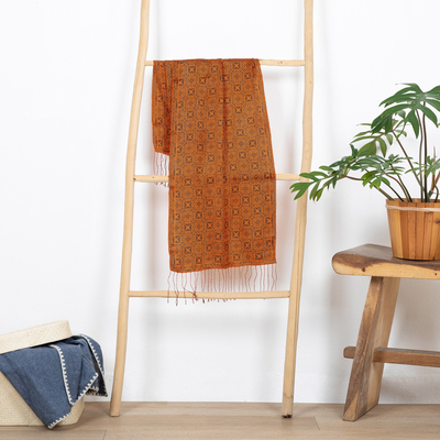 Silk batik shawl, 'Aster Orange' - Handmade Silk Batik Scarf in Orange and Black