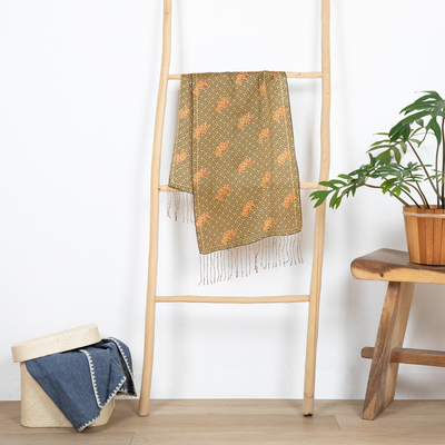 Silk batik scarf, 'Maze' - Maze Pattern Silk Batik Scarf with Fringe