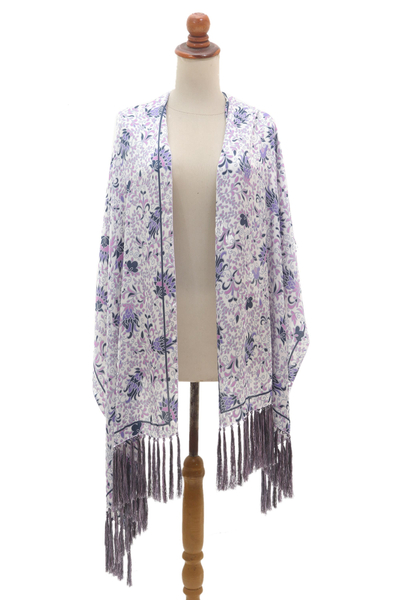 Silk batik shawl, 'Teratai Purple' - Fringed Silk Batik Shawl in Purple and White