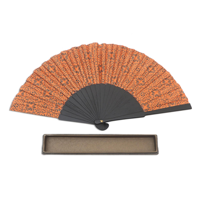 Silk batik fan, 'Aster Orange' - Hand Crafted Orange Batik Silk Fan