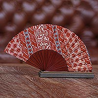 Silk batik fan, 'Lengko Scarlet' - Scarlet Print Silk Batik Hand Fan from Bali