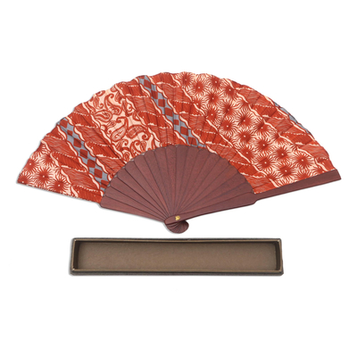 Silk batik fan, 'Lengko Scarlet' - Scarlet Print Silk Batik Hand Fan from Bali