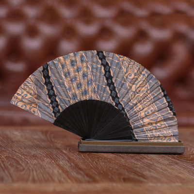 Silk batik fan, 'Banji Black' - Batik Silk Hand Fan Hand Crafted in Bali