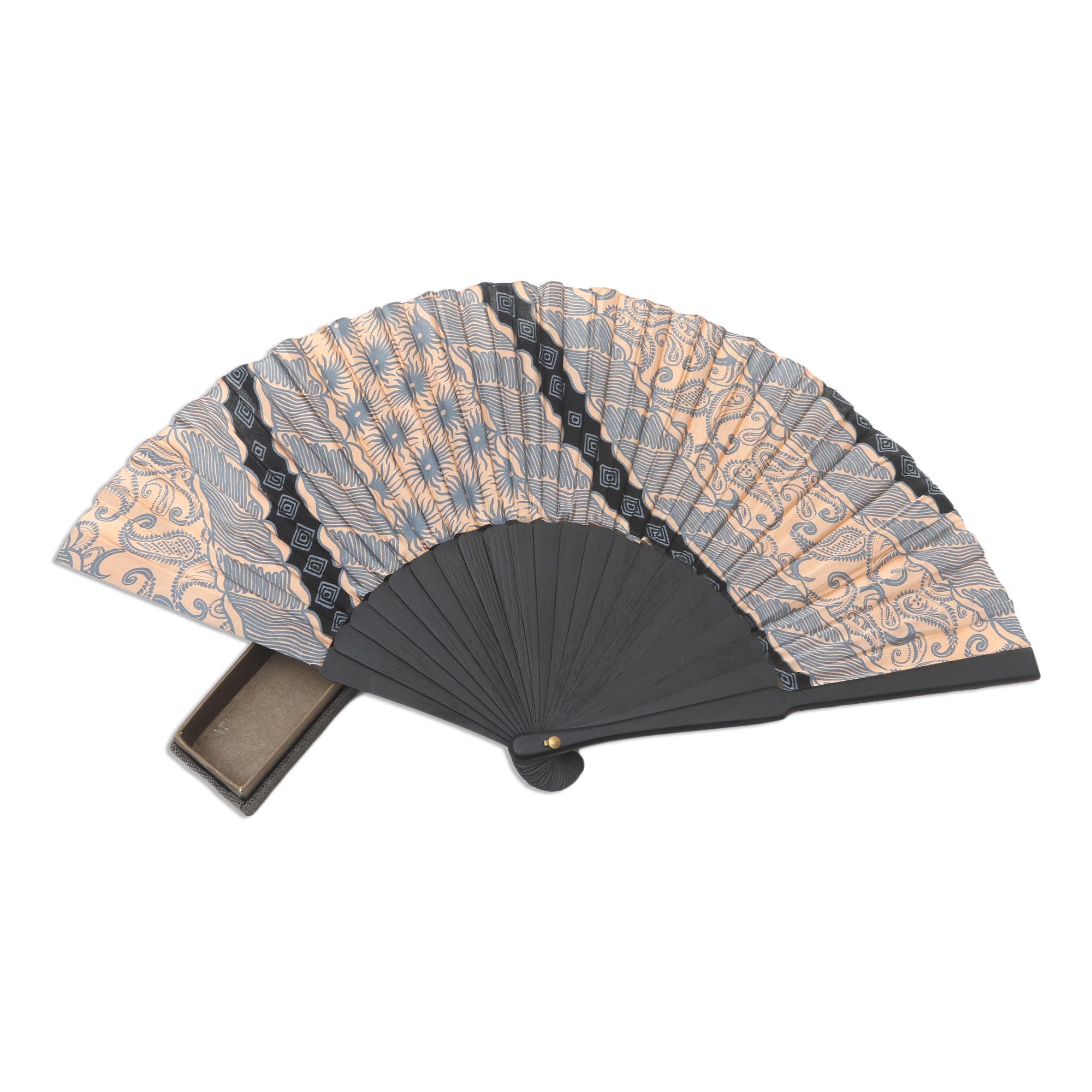Batik Silk Hand Fan Hand Crafted in Bali Banji Black NOVICA