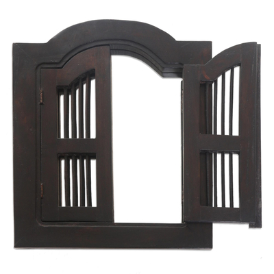 Wood wall mirror, 'Window Within' - Durian Wood Framed Mirror with Shutters