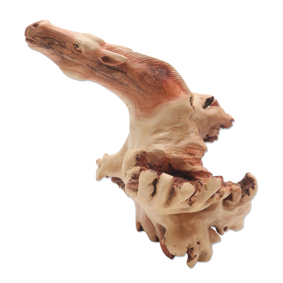 Wood statuette, 'Emerging Horse' - Hand Carved Horse Head Wood Sculpture