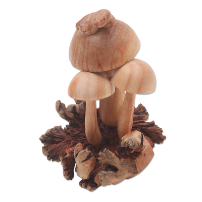 Wood sculpture, 'Snake on Mushrooms' - Hand Crafted Mushroom and Snake Wood Sculpture