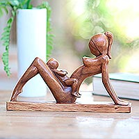 Wood sculpture, 'A Mother's Happiness' - Hand Crafted Wood Sculpture of Mother and Baby