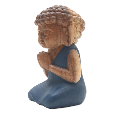 Wood statuette, 'Buddha in Blue Prays' - Small Praying Buddha Statuette from Bali