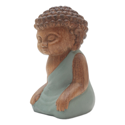 Wood statuette, 'Buddha in Green Prays' - Hand Carved Small Buddha Statuette